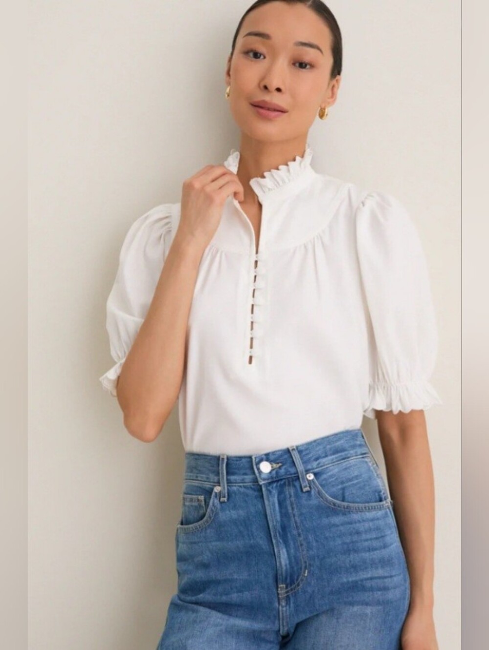 Tuckernuck Pomander Place White Selena Short Puff Sleeve Blouse Size Medium - Picture 1 of 15